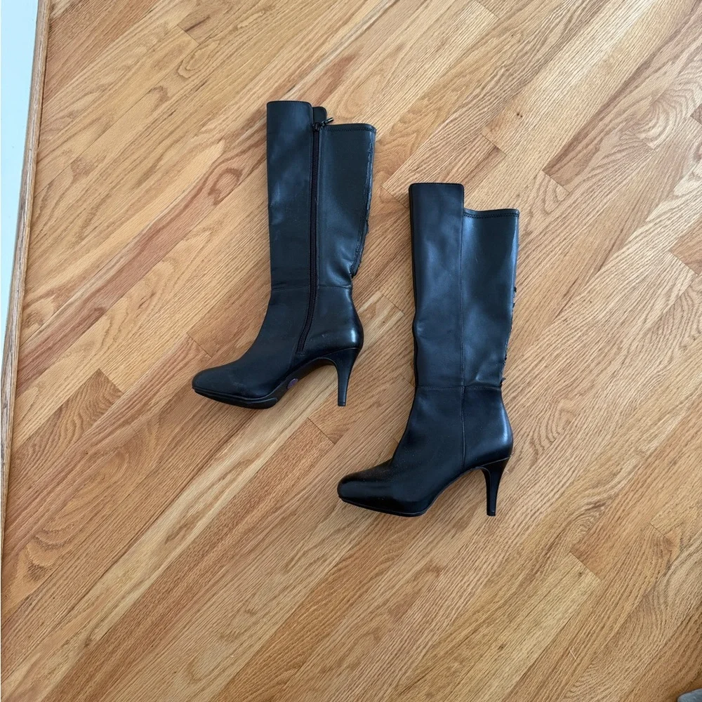 Fall knee high boots black leather heeled booties